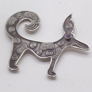 Vintage Animal Lover Studio Artisan Sculptural  Sterling Amethyst Dog Brooch